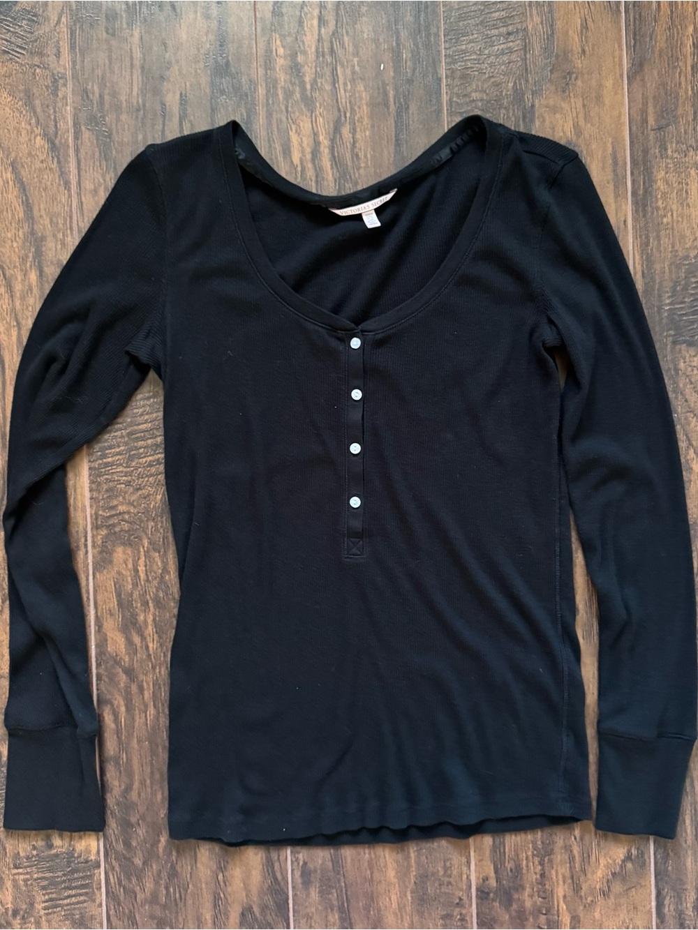 Victoria's Secret Black Ribbed Long Sleeve Henley Shirt Size Medium